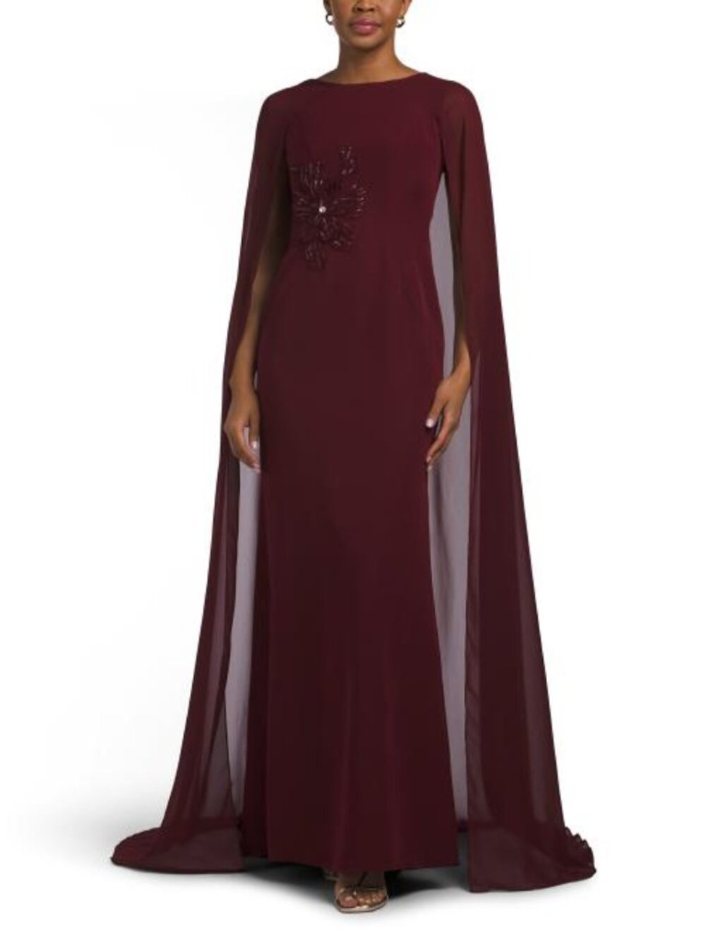 TERANI COUTURE Floral Embellished Cape Gown